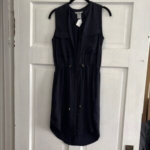 Sleeveless Navy Drawstring Shirt Dress